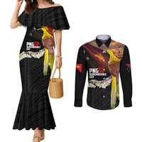Papua New Guinea Remembrance Day Couples Matching Mermaid Dress and Long Sleeve Button Shirt Bird of Paradise Plumeria Flower and Polynesian Pattern