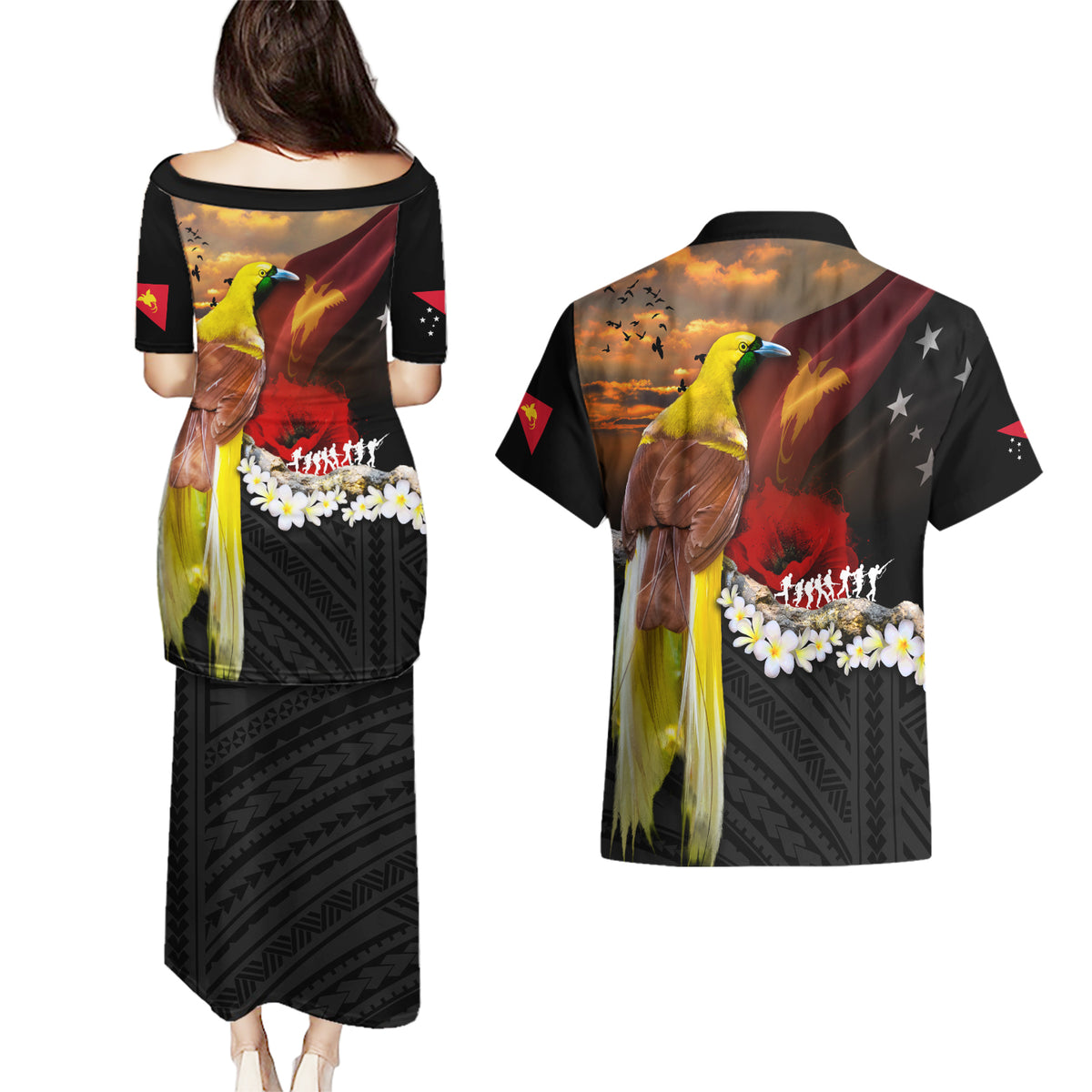 Papua New Guinea Remembrance Day Couples Matching Puletasi and Hawaiian Shirt Bird of Paradise Plumeria Flower and Polynesian Pattern