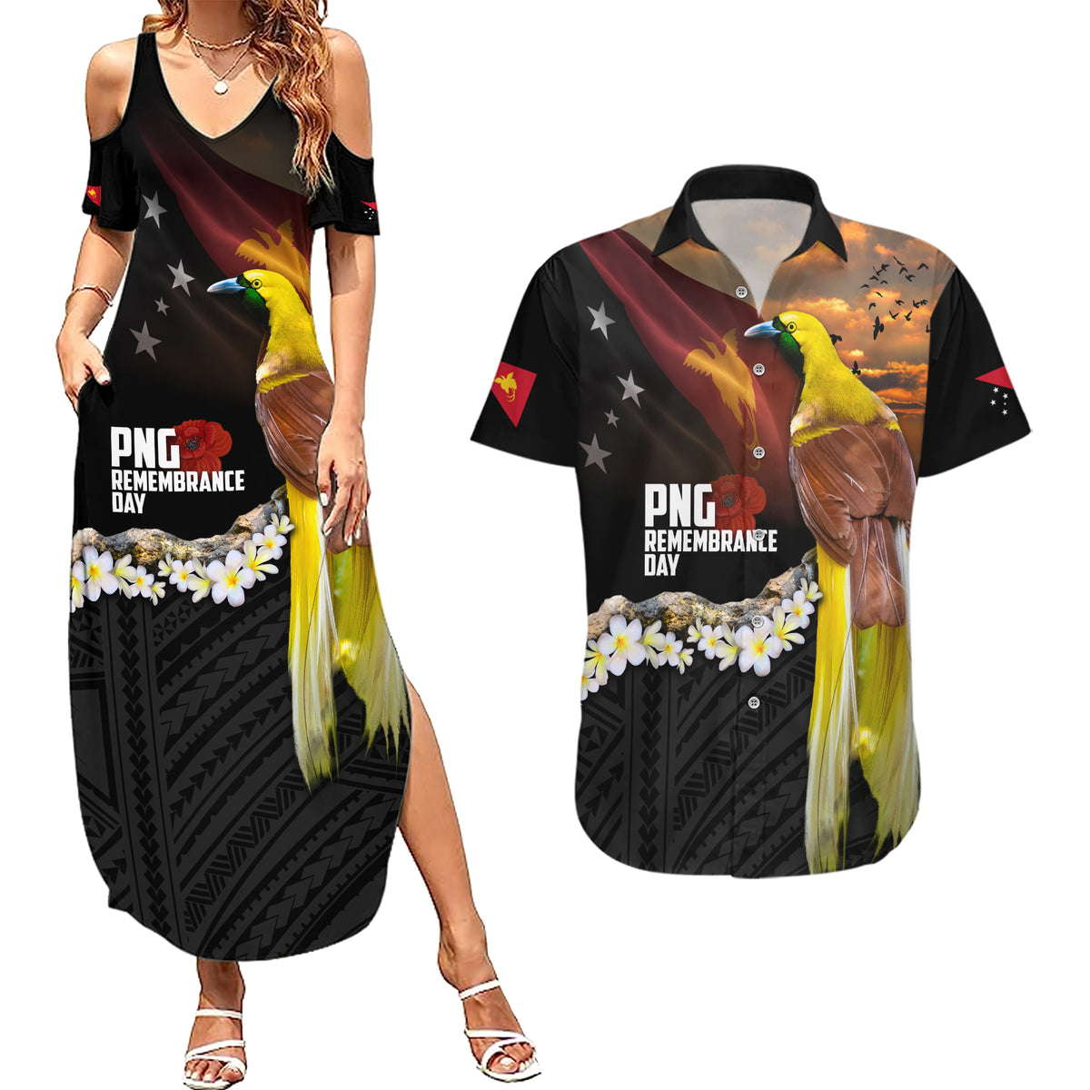 Papua New Guinea Remembrance Day Couples Matching Summer Maxi Dress and Hawaiian Shirt Bird of Paradise Plumeria Flower and Polynesian Pattern