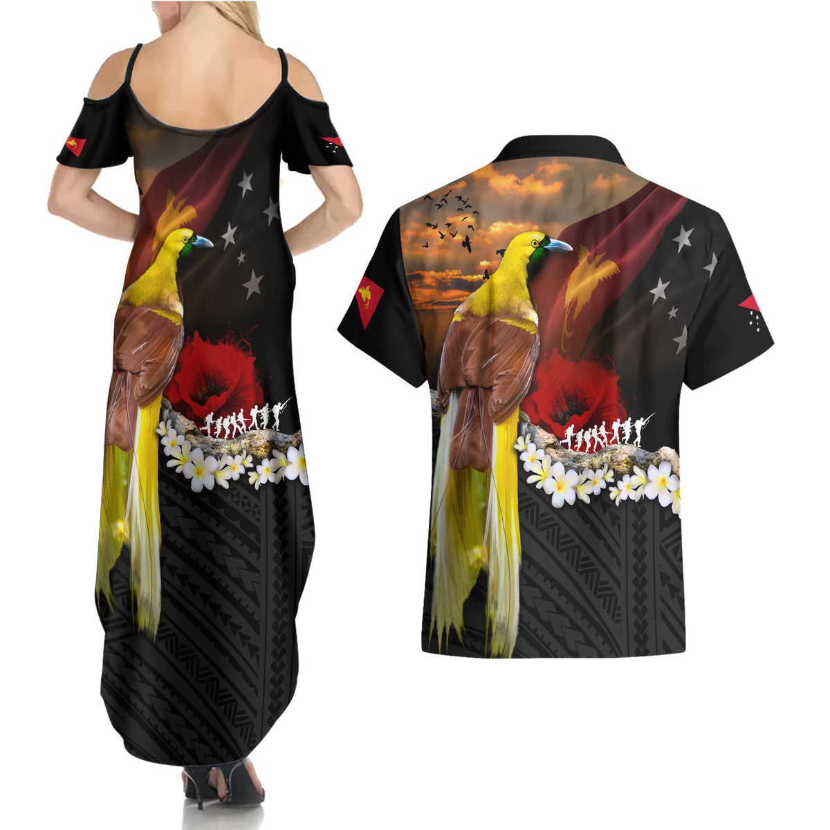 Papua New Guinea Remembrance Day Couples Matching Summer Maxi Dress and Hawaiian Shirt Bird of Paradise Plumeria Flower and Polynesian Pattern