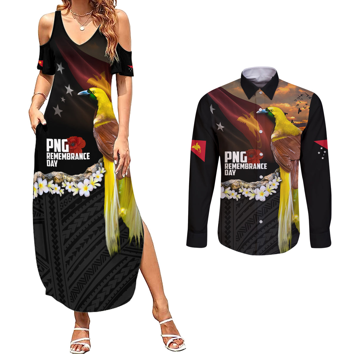 Papua New Guinea Remembrance Day Couples Matching Summer Maxi Dress and Long Sleeve Button Shirt Bird of Paradise Plumeria Flower and Polynesian Pattern