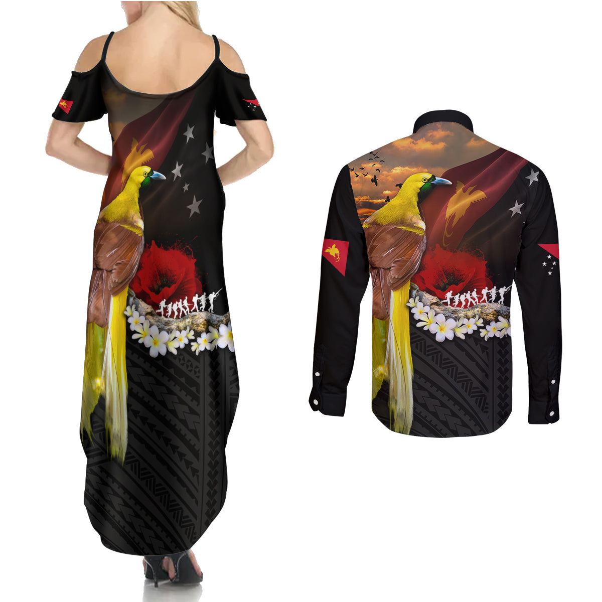 Papua New Guinea Remembrance Day Couples Matching Summer Maxi Dress and Long Sleeve Button Shirt Bird of Paradise Plumeria Flower and Polynesian Pattern