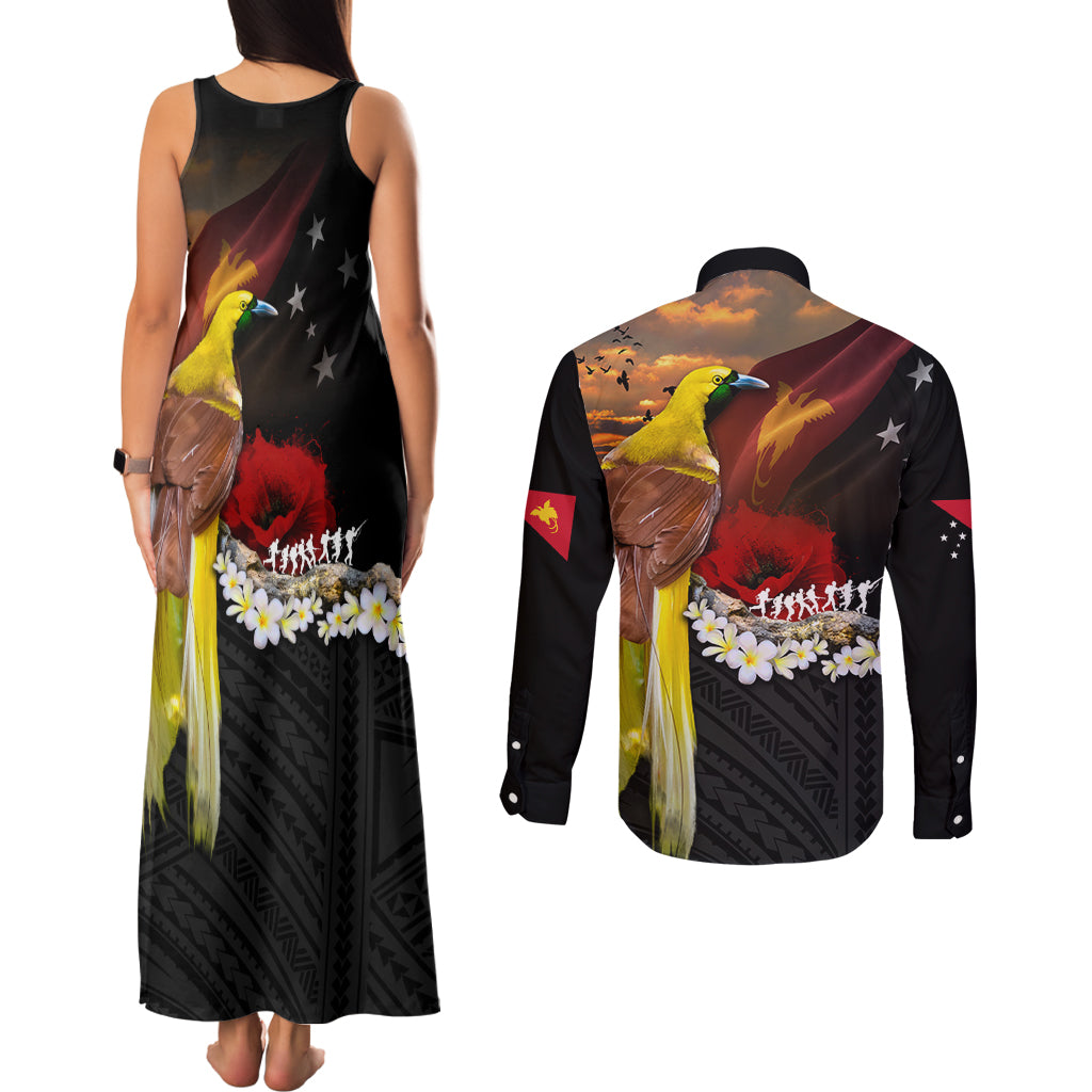 Papua New Guinea Remembrance Day Couples Matching Tank Maxi Dress and Long Sleeve Button Shirt Bird of Paradise Plumeria Flower and Polynesian Pattern