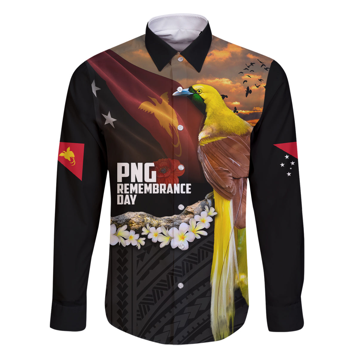 Papua New Guinea Remembrance Day Family Matching Mermaid Dress and Hawaiian Shirt Bird of Paradise Plumeria Flower and Polynesian Pattern