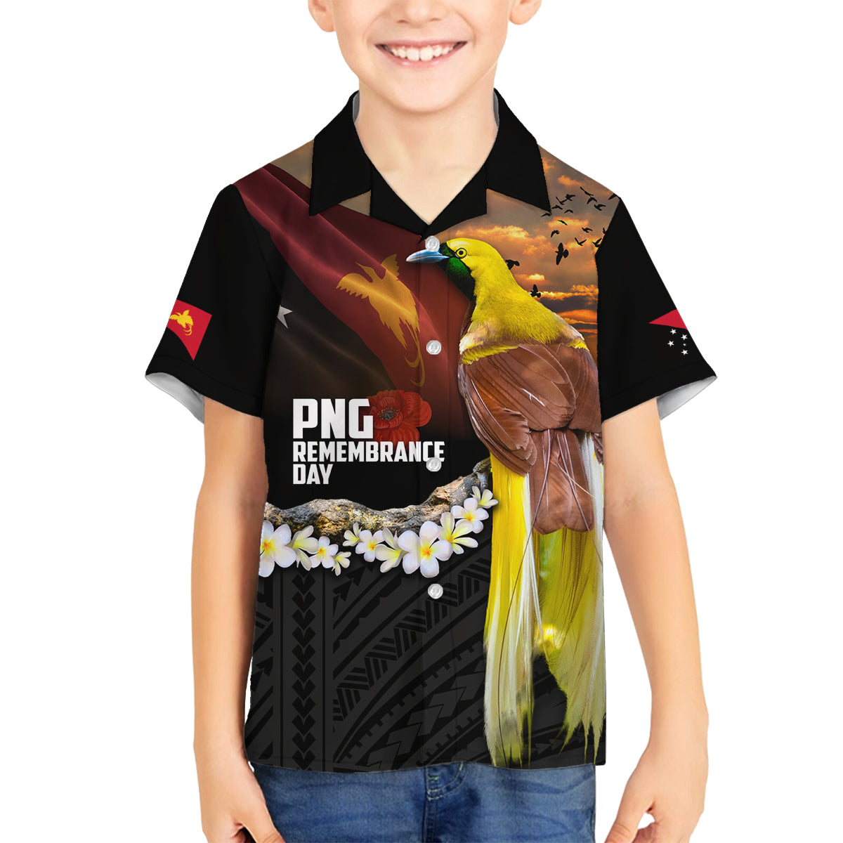 Papua New Guinea Remembrance Day Family Matching Off The Shoulder Long Sleeve Dress and Hawaiian Shirt Bird of Paradise Plumeria Flower and Polynesian Pattern