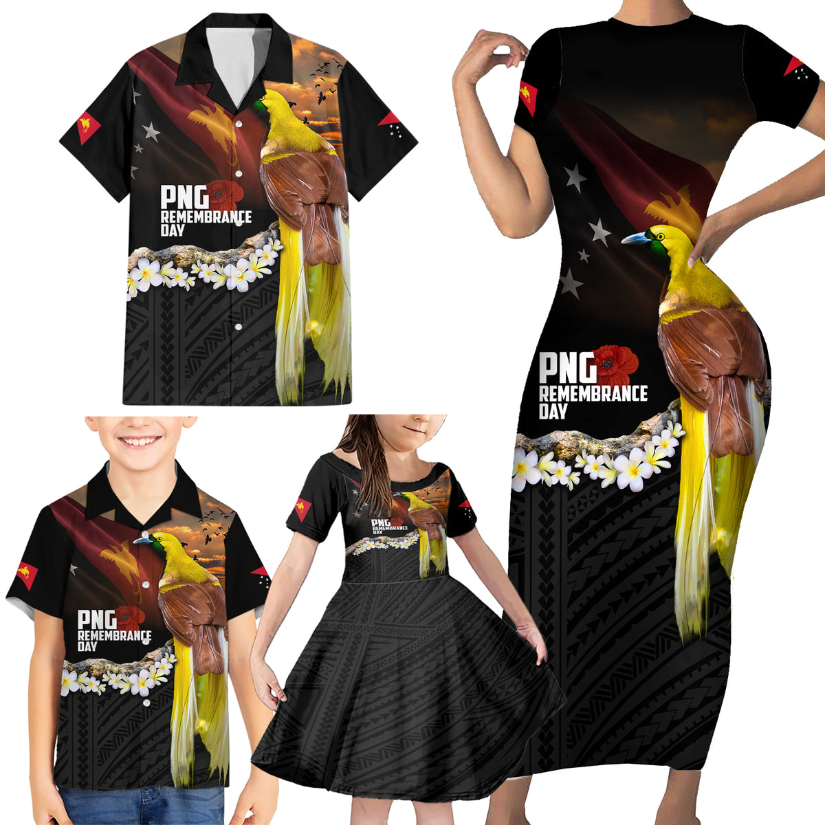 Papua New Guinea Remembrance Day Family Matching Short Sleeve Bodycon Dress and Hawaiian Shirt Bird of Paradise Plumeria Flower and Polynesian Pattern