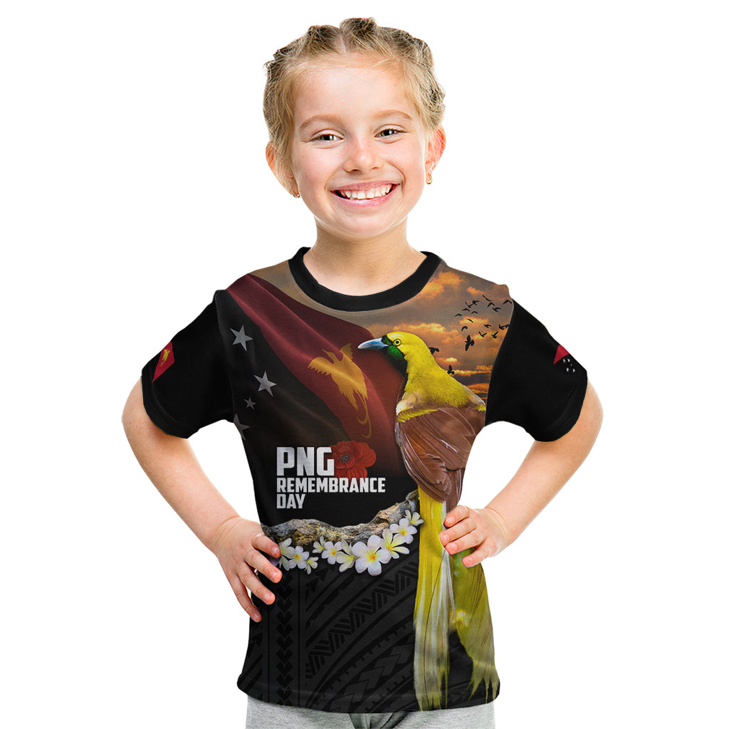 Papua New Guinea Remembrance Day Kid T Shirt Bird of Paradise Plumeria Flower and Polynesian Pattern