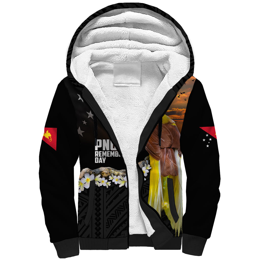 Papua New Guinea Remembrance Day Sherpa Hoodie Bird of Paradise Plumeria Flower and Polynesian Pattern
