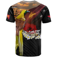 Papua New Guinea Remembrance Day T Shirt Bird of Paradise Plumeria Flower and Polynesian Pattern