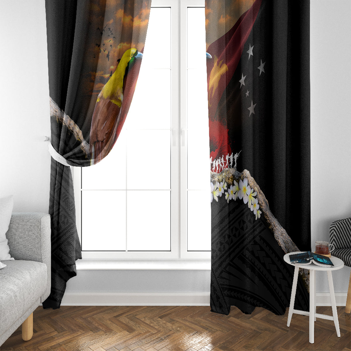Papua New Guinea Remembrance Day Window Curtain Bird of Paradise Plumeria Flower and Polynesian Pattern LT03 - Polynesian Pride