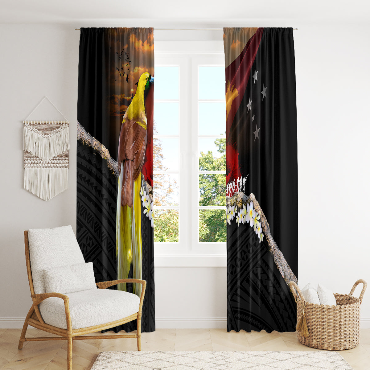 Papua New Guinea Remembrance Day Window Curtain Bird of Paradise Plumeria Flower and Polynesian Pattern LT03 - Polynesian Pride