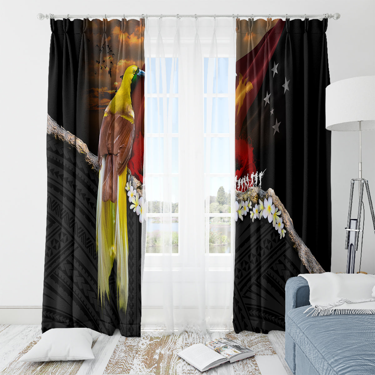 Papua New Guinea Remembrance Day Window Curtain Bird of Paradise Plumeria Flower and Polynesian Pattern LT03 - Polynesian Pride