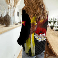 Papua New Guinea Remembrance Day Women Casual Shirt Bird of Paradise Plumeria Flower and Polynesian Pattern