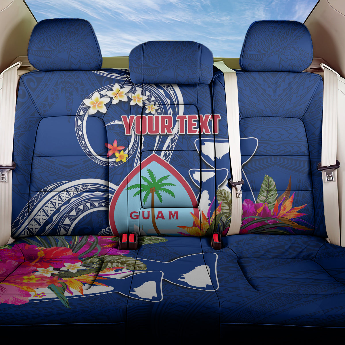 Personalised Guam Liberation Back Car Seat Cover Latte Stone and Guahan Seal Jungle Flower LT03