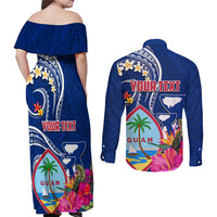 Guam Liberation Couples Matching Off Shoulder Maxi Dress and Long Sleeve Button Shirt Latte Stone and Guahan Seal Jungle Flower