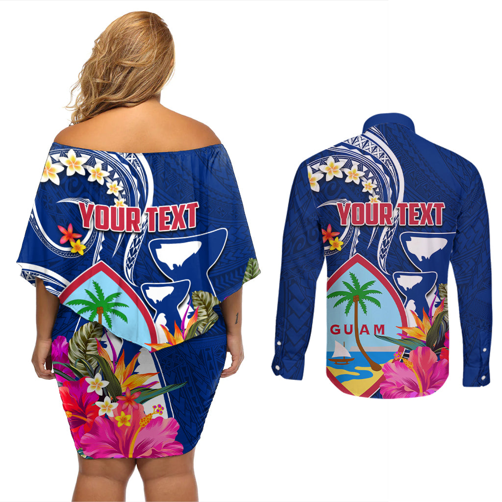 Guam Liberation Couples Matching Off Shoulder Short Dress and Long Sleeve Button Shirt Latte Stone and Guahan Seal Jungle Flower