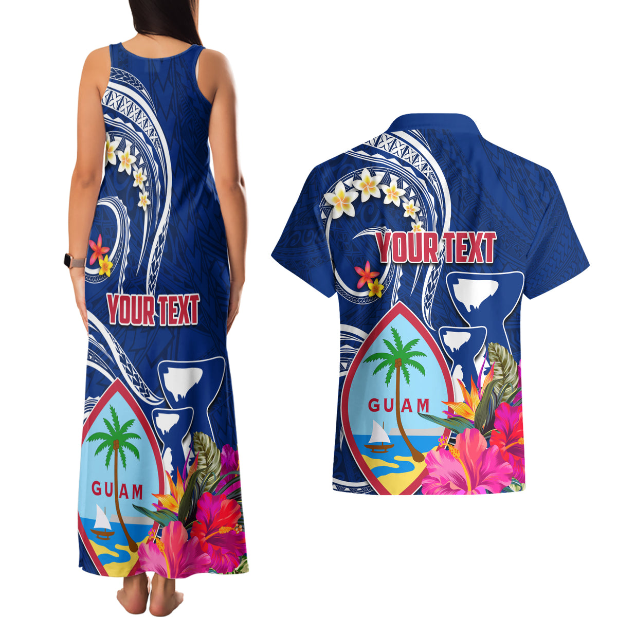 Guam Liberation Couples Matching Tank Maxi Dress and Hawaiian Shirt Latte Stone and Guahan Seal Jungle Flower