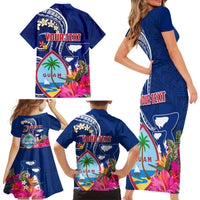 Guam Liberation Family Matching Short Sleeve Bodycon Dress and Hawaiian Shirt Latte Stone and Guahan Seal Jungle Flower