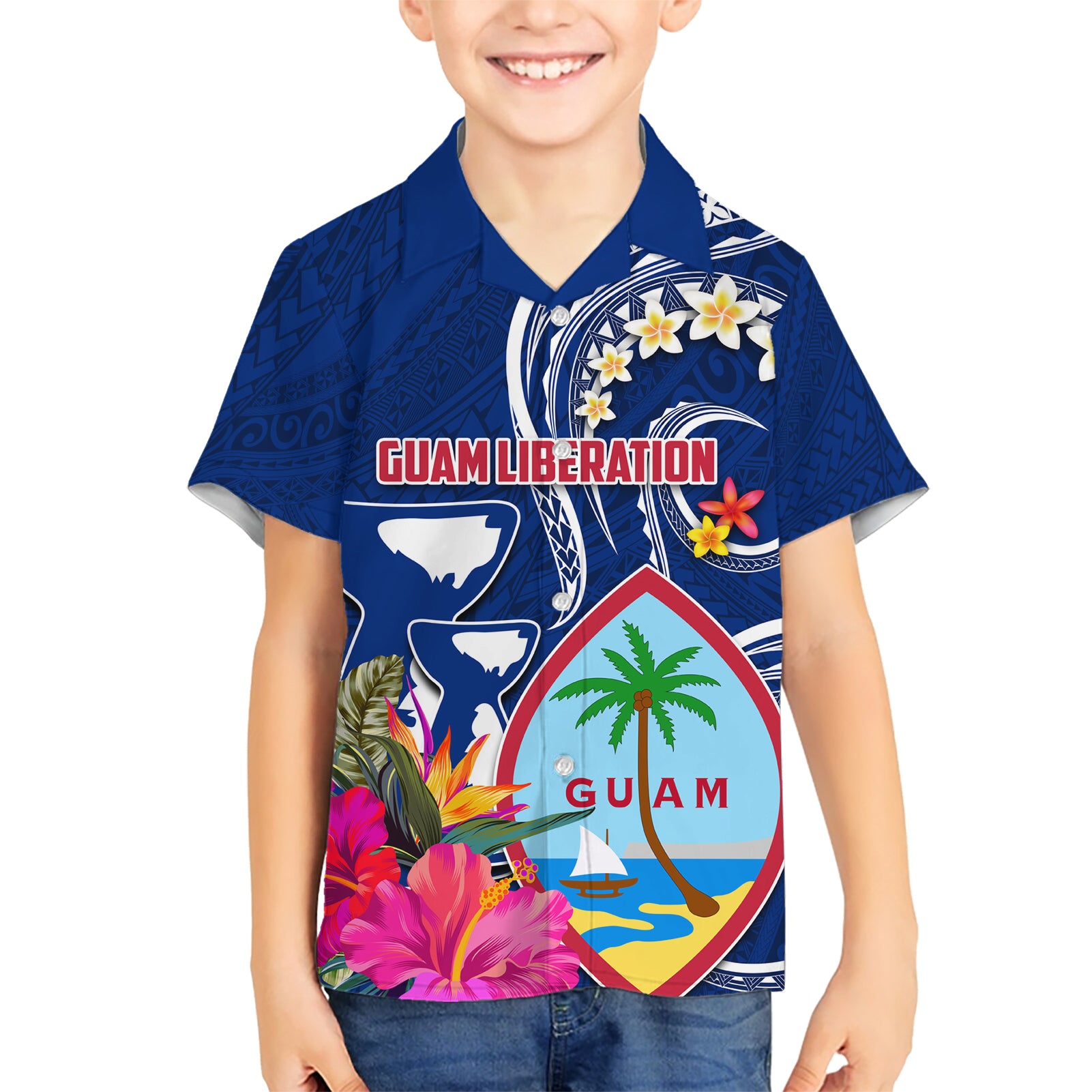 Guam Liberation Kid Hawaiian Shirt Latte Stone and Guahan Seal Jungle Flower