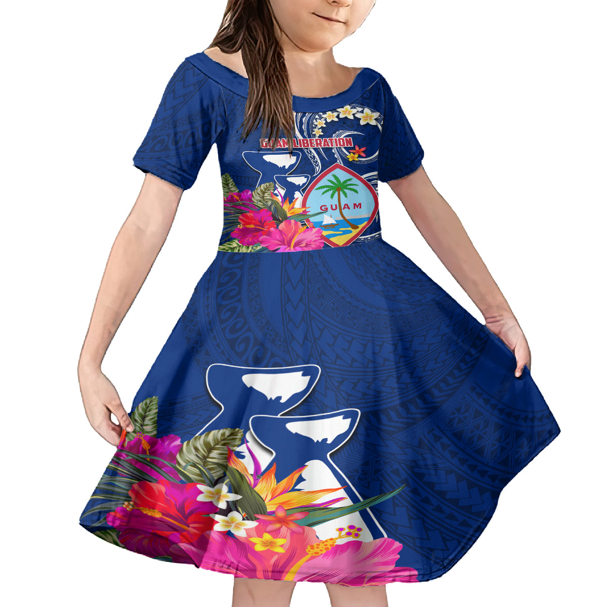 Guam Liberation Kid Short Sleeve Dress Latte Stone and Guahan Seal Jungle Flower