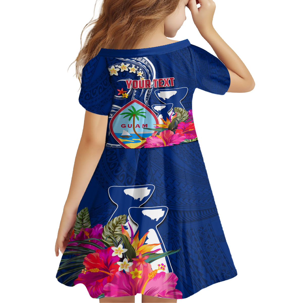 Guam Liberation Kid Short Sleeve Dress Latte Stone and Guahan Seal Jungle Flower