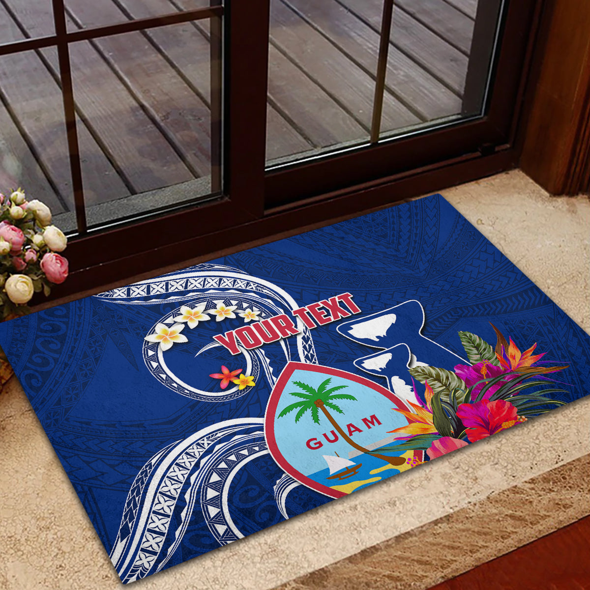 Personalised Guam Liberation Rubber Doormat Latte Stone and Guahan Seal Jungle Flower