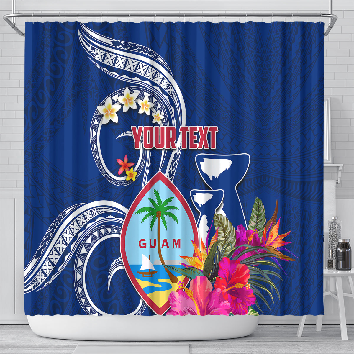 Personalised Guam Liberation Shower Curtain Latte Stone and Guahan Seal Jungle Flower