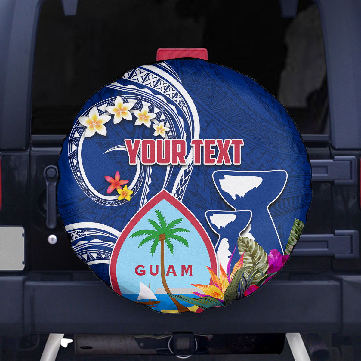 Personalised Guam Liberation Spare Tire Cover Latte Stone and Guahan Seal Jungle Flower
