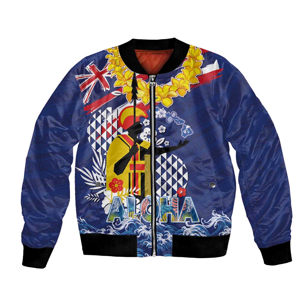 Hawaii King Kamehameha Day Bomber Jacket Lei Sea Waves Polynesian Tapa Pattern LT03 Unisex Blue - Polynesian Pride
