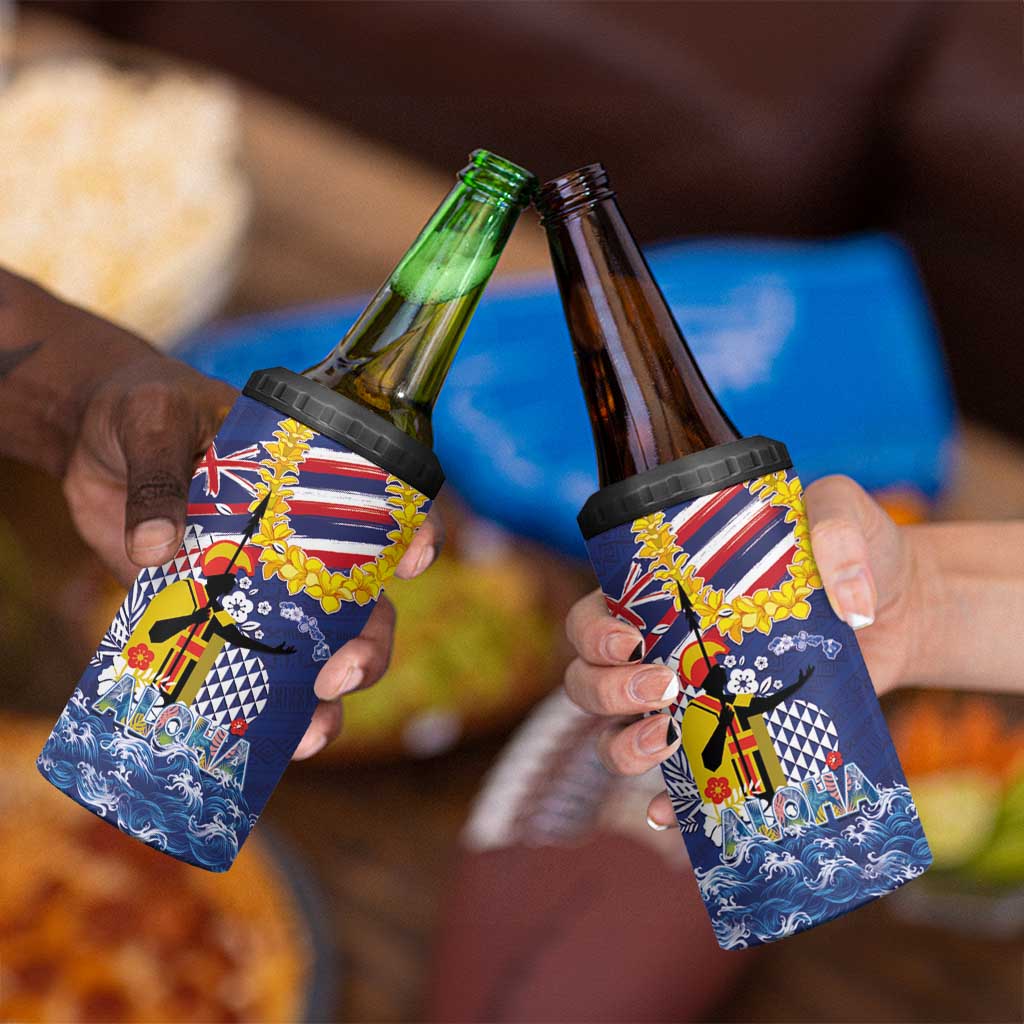 Hawaii King Kamehameha Day 4 in 1 Can Cooler Tumbler Lei Sea Waves Polynesian Tapa Pattern