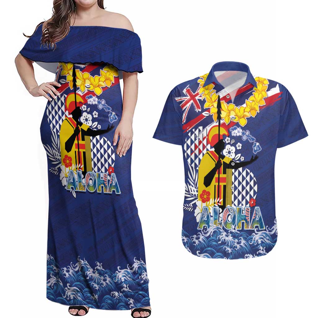 Hawaii King Kamehameha Day Couples Matching Off Shoulder Maxi Dress and Hawaiian Shirt Lei Sea Waves Polynesian Tapa Pattern