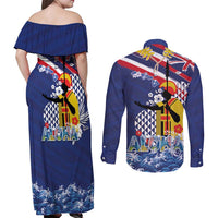 Hawaii King Kamehameha Day Couples Matching Off Shoulder Maxi Dress and Long Sleeve Button Shirt Lei Sea Waves Polynesian Tapa Pattern
