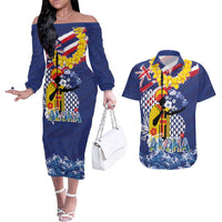 Hawaii King Kamehameha Day Couples Matching Off The Shoulder Long Sleeve Dress and Hawaiian Shirt Lei Sea Waves Polynesian Tapa Pattern