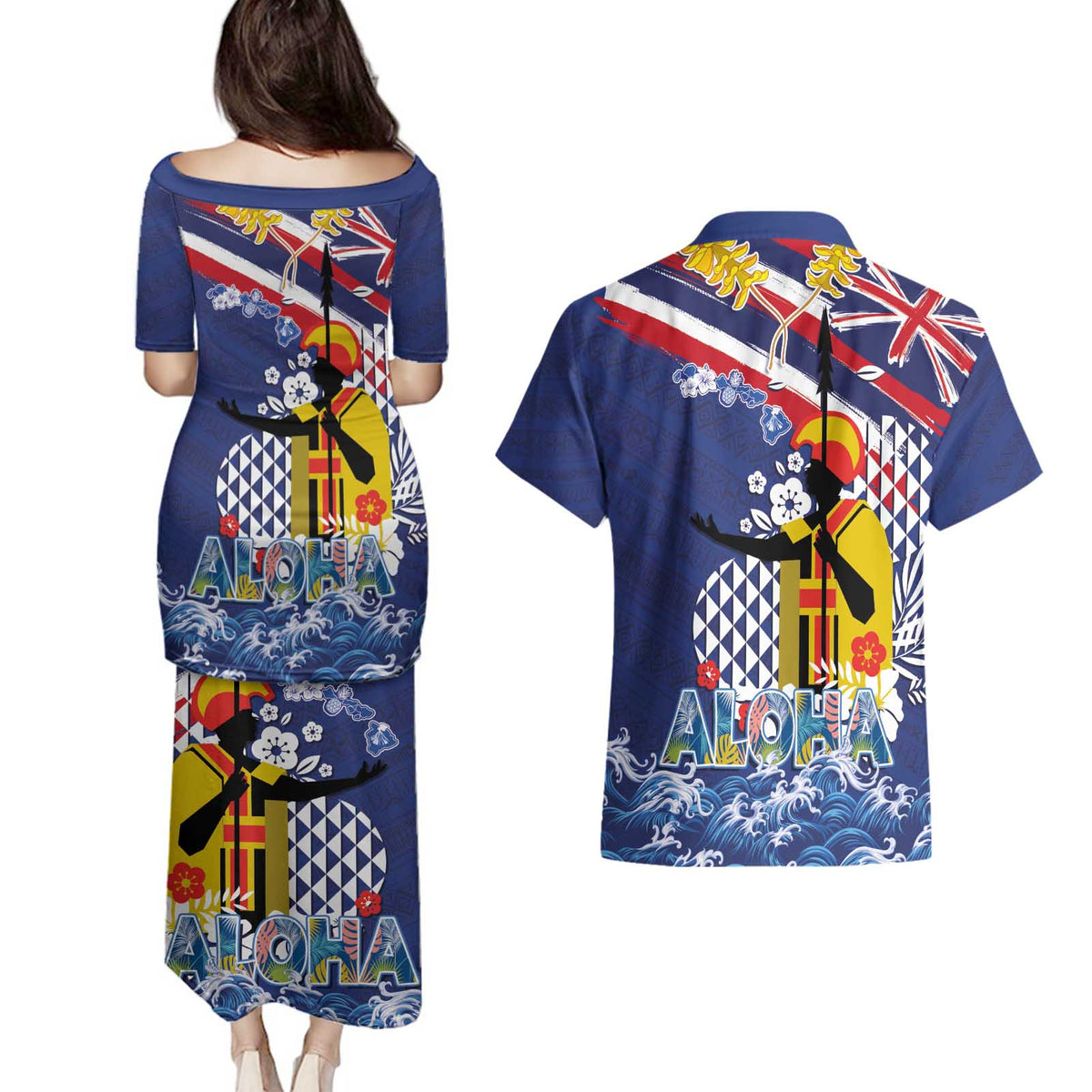 Hawaii King Kamehameha Day Couples Matching Puletasi and Hawaiian Shirt Lei Sea Waves Polynesian Tapa Pattern LT03 - Polynesian Pride