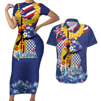 Hawaii King Kamehameha Day Couples Matching Short Sleeve Bodycon Dress and Hawaiian Shirt Lei Sea Waves Polynesian Tapa Pattern