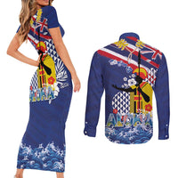 Hawaii King Kamehameha Day Couples Matching Short Sleeve Bodycon Dress and Long Sleeve Button Shirt Lei Sea Waves Polynesian Tapa Pattern