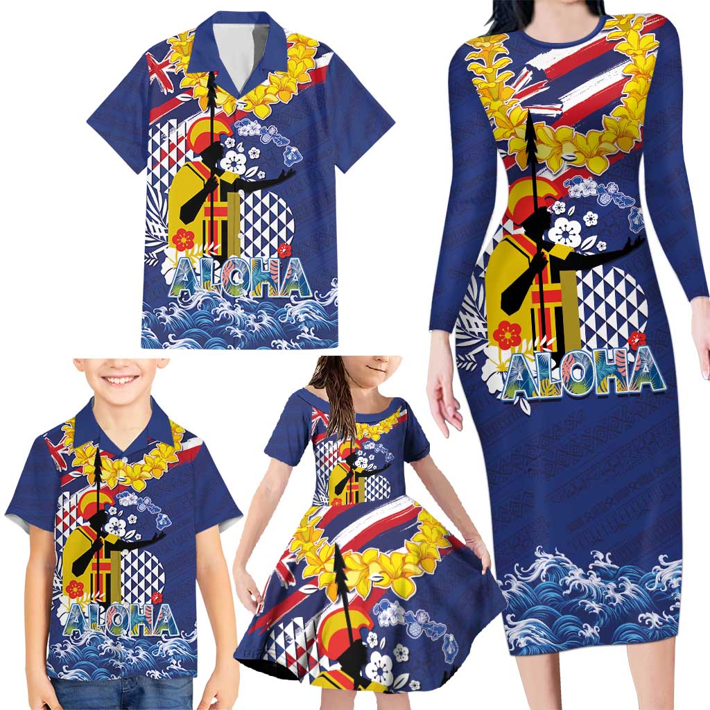 Hawaii King Kamehameha Day Family Matching Long Sleeve Bodycon Dress and Hawaiian Shirt Lei Sea Waves Polynesian Tapa Pattern