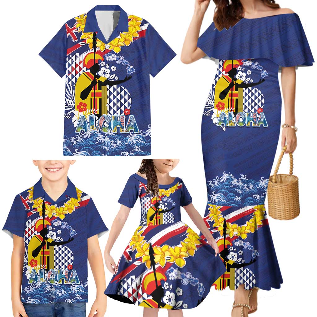 Hawaii King Kamehameha Day Family Matching Mermaid Dress and Hawaiian Shirt Lei Sea Waves Polynesian Tapa Pattern