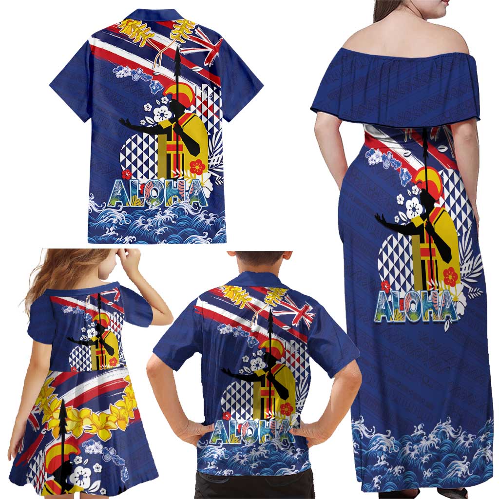 Hawaii King Kamehameha Day Family Matching Off Shoulder Maxi Dress and Hawaiian Shirt Lei Sea Waves Polynesian Tapa Pattern