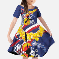 Hawaii King Kamehameha Day Family Matching Short Sleeve Bodycon Dress and Hawaiian Shirt Lei Sea Waves Polynesian Tapa Pattern