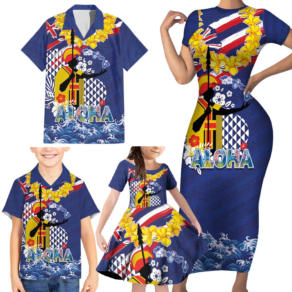 Hawaii King Kamehameha Day Family Matching Short Sleeve Bodycon Dress and Hawaiian Shirt Lei Sea Waves Polynesian Tapa Pattern