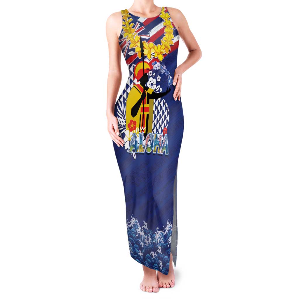 Hawaii King Kamehameha Day Family Matching Tank Maxi Dress and Hawaiian Shirt Lei Sea Waves Polynesian Tapa Pattern