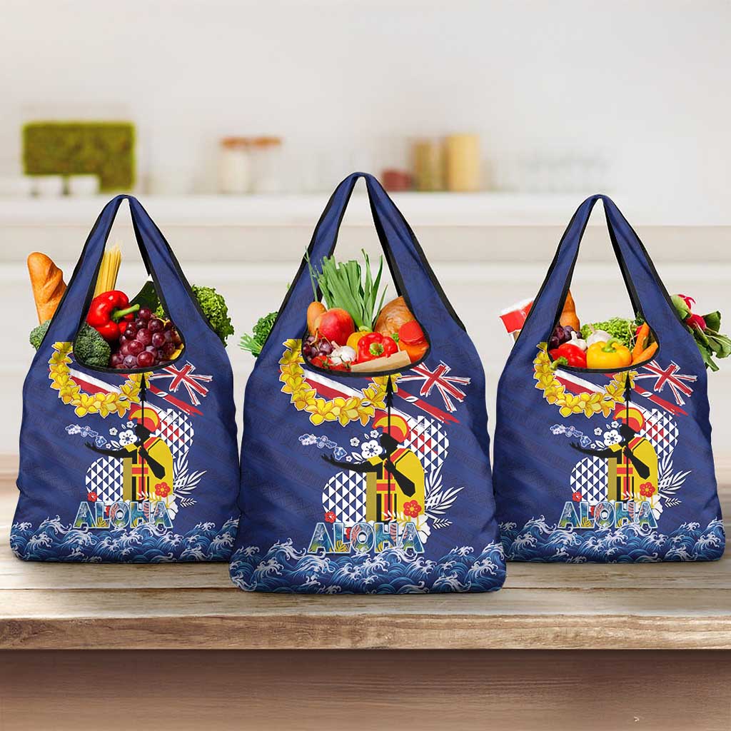 Hawaii King Kamehameha Day Grocery Bag Lei Sea Waves Polynesian Tapa Pattern