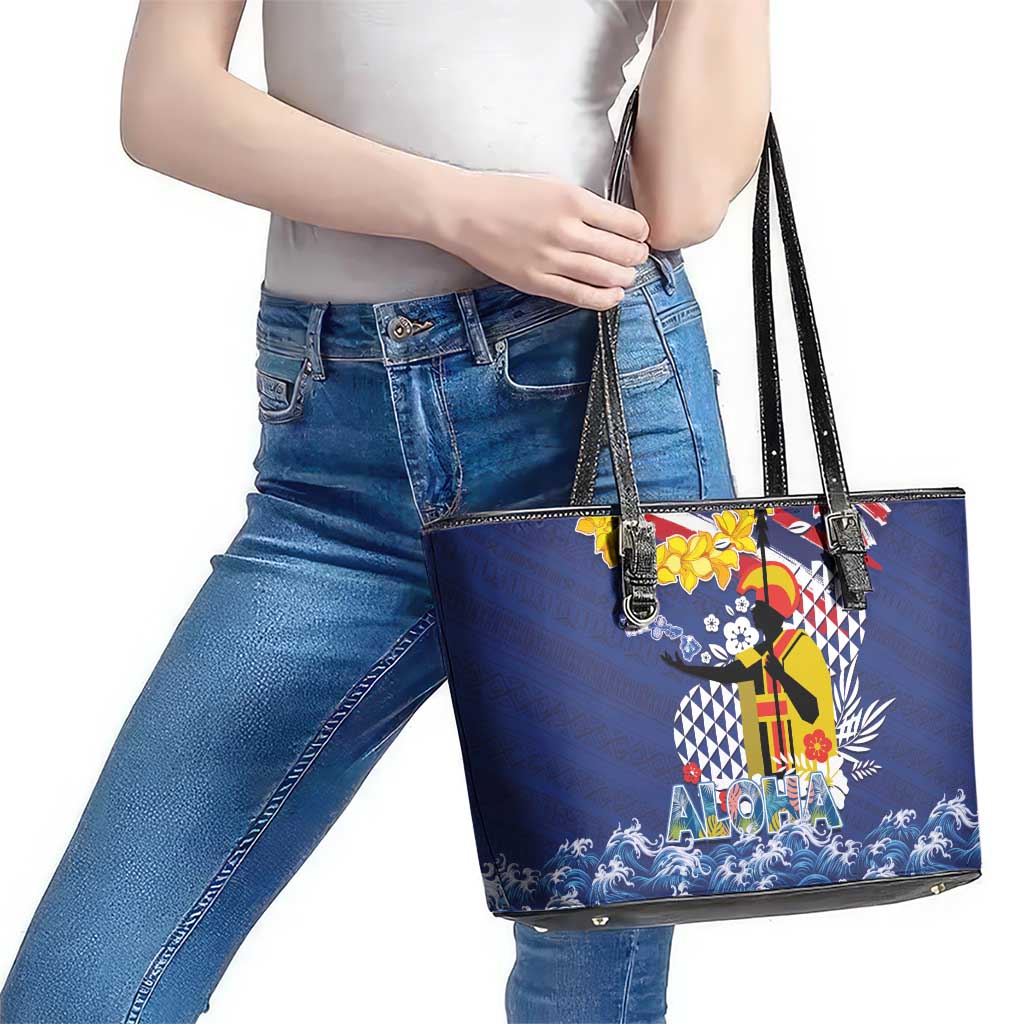 Hawaii King Kamehameha Day Leather Tote Bag Lei Sea Waves Polynesian Tapa Pattern