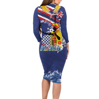 Hawaii King Kamehameha Day Long Sleeve Bodycon Dress Lei Sea Waves Polynesian Tapa Pattern