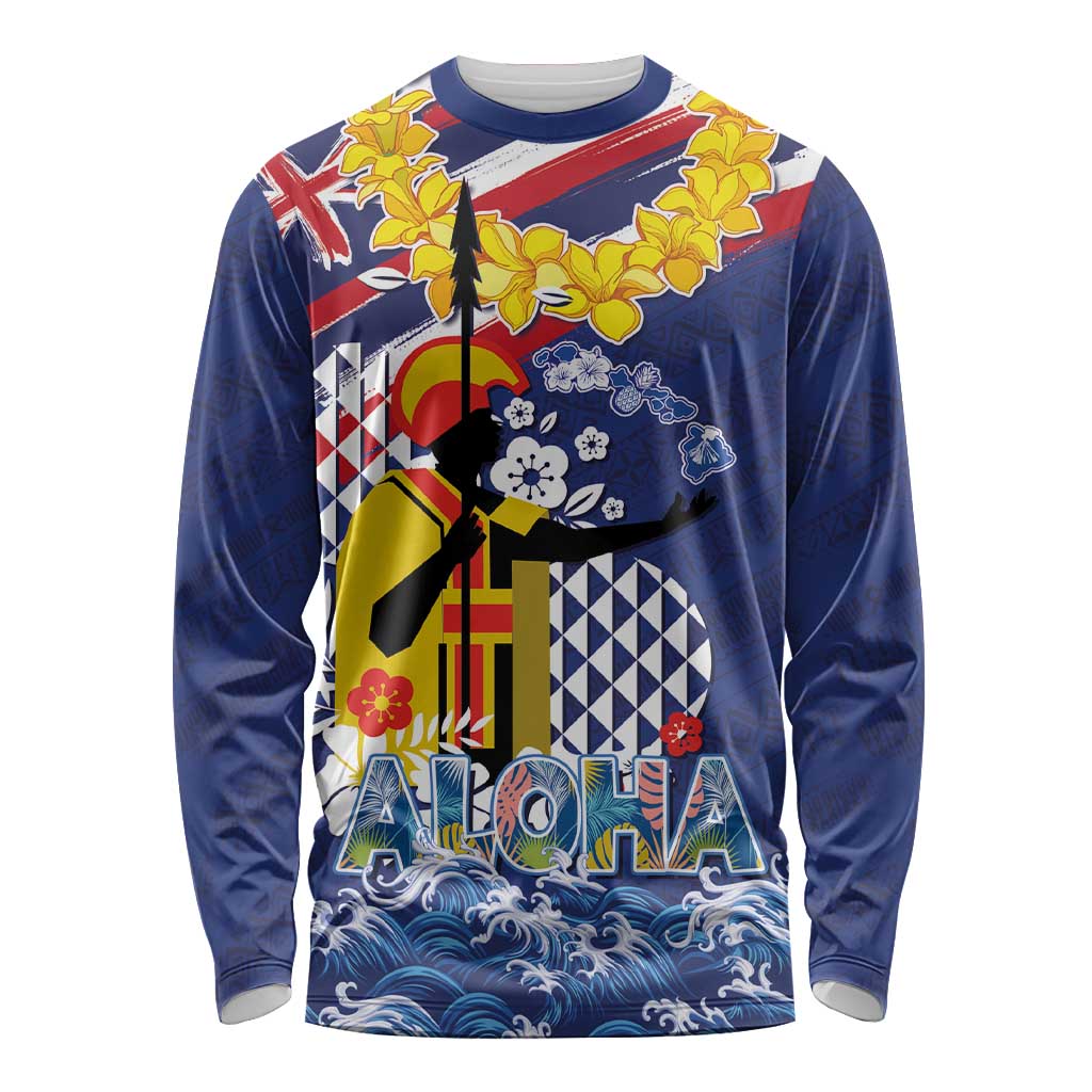Hawaii King Kamehameha Day Long Sleeve Shirt Lei Sea Waves Polynesian Tapa Pattern LT03 Unisex Blue - Polynesian Pride