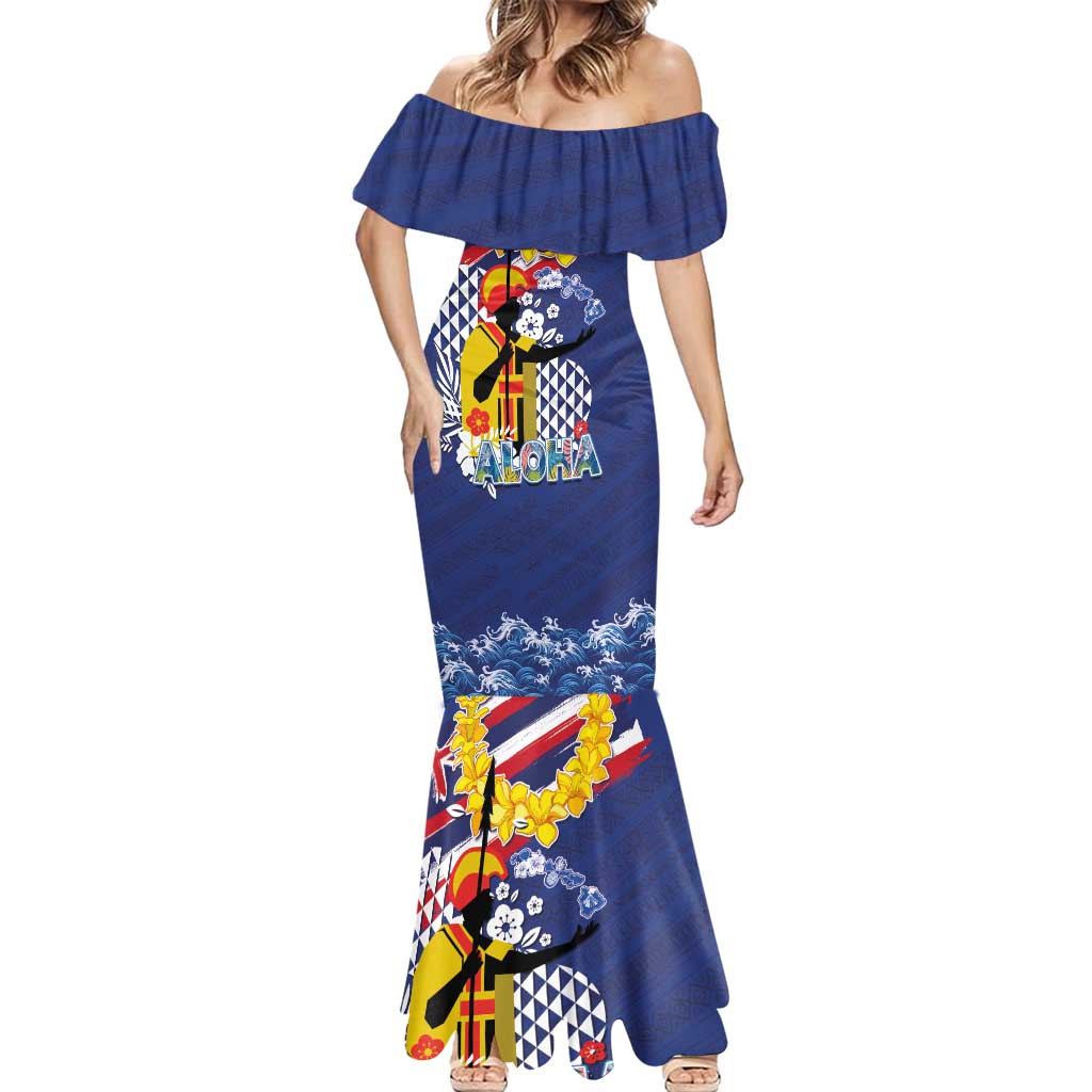 Hawaii King Kamehameha Day Mermaid Dress Lei Sea Waves Polynesian Tapa Pattern