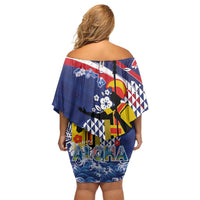 Hawaii King Kamehameha Day Off Shoulder Short Dress Lei Sea Waves Polynesian Tapa Pattern