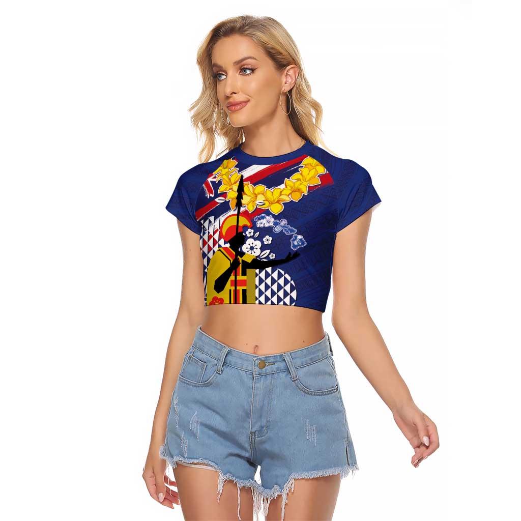 Hawaii King Kamehameha Day Raglan Cropped T Shirt Lei Sea Waves Polynesian Tapa Pattern