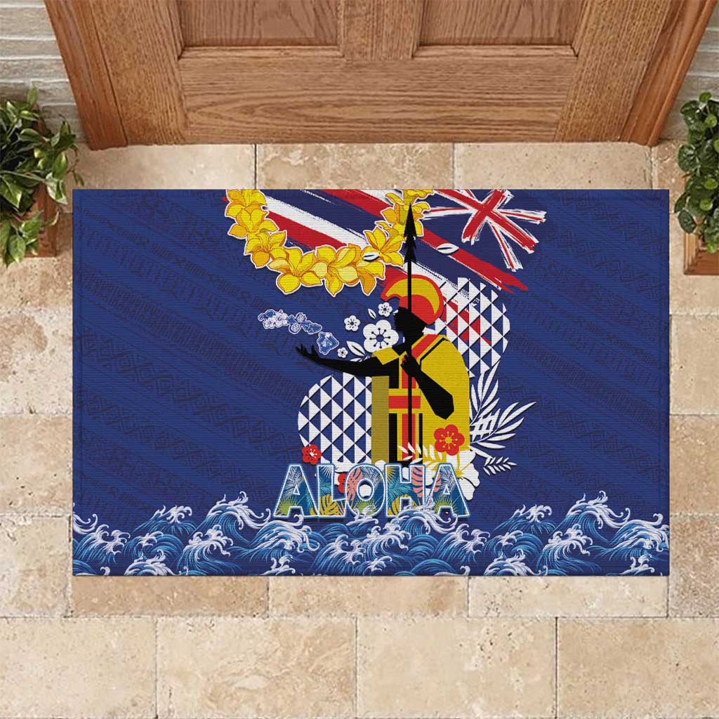 Hawaii King Kamehameha Day Rubber Doormat Lei Sea Waves Polynesian Tapa Pattern